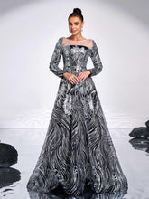 Black Panel A-line Sequin Evening Dress